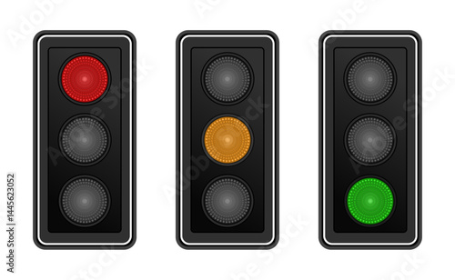 Vector illustration of traffic lights with red, yellow, and green signals. Ideal for road safety, transport design, UI indicators, and driving-related concepts in flat or realistic style.