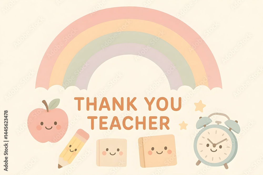A colorful design featuring a rainbow, cute icons like an apple, pencil, and clock with the text THANK YOU TEACHER. Concept Rainbow Design, Cute School Icons, Gratitude Theme, Teacher Appreciation