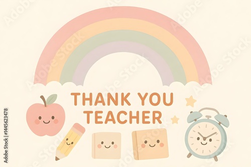 Obraz na płótnie A colorful design featuring a rainbow, cute icons like an apple, pencil, and clock with the text THANK YOU TEACHER. Concept Rainbow Design, Cute School Icons, Gratitude Theme, Teacher Appreciation w salonie