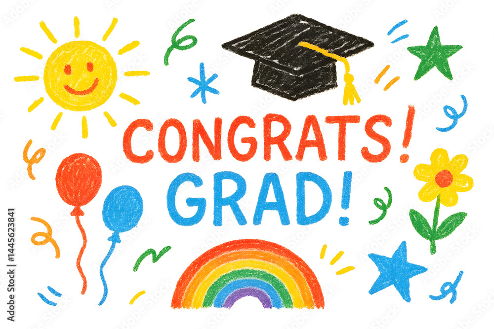 Colorful graduation-themed illustration featuring a cap, sun, balloons, flowers, stars, and a rainbow with Congrats! Grad! text. Concept Graduation Celebration, Colorful Cap and Gown