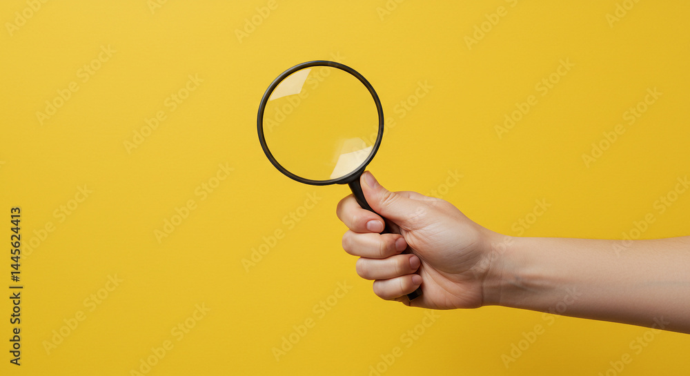 hand holding magnifying glass isolated on yellow background hand holding magnifying glass isolated on yellow background