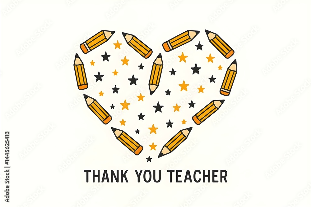 A heart made of pencils, stars, and the text THANK YOU TEACHER. Concept Creative Art Design, Heart-Shaped Composition, Educational Appreciation, Colorful Pencils, Heartfelt Message