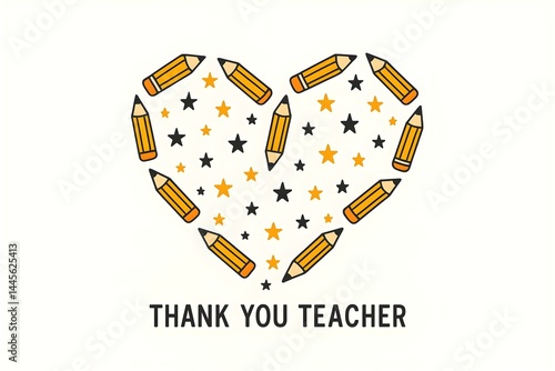 Obraz na płótnie A heart made of pencils, stars, and the text THANK YOU TEACHER. Concept Creative Art Design, Heart-Shaped Composition, Educational Appreciation, Colorful Pencils, Heartfelt Message w salonie