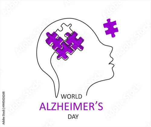 Alzheimer s day simple background, web banner, poster with brain and puzzle. One continuous line drawing background with lettering Alzheimer s day. Editable stroke.