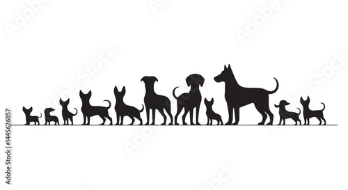  Silhouette of Dogs in Various Sizes, Black Dog Group Icons for Pet Design