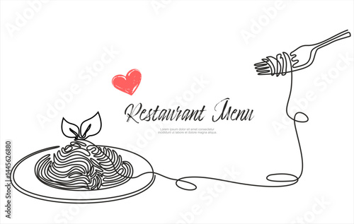 Single continuous line drawing of delicious spaghetti with fork. Italy pasta noodle restaurant concept for cafe, shop or food delivery service. Editable stroke. 	