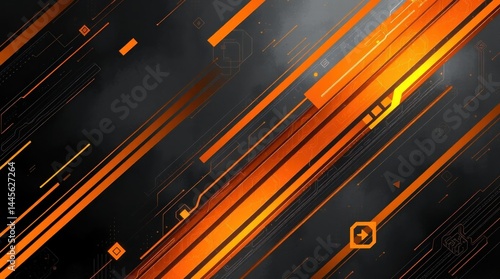 Abstract digital art featuring diagonal orange and black lines, geometric shapes, and smoky effects