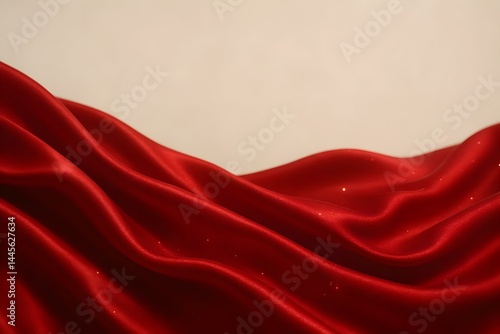 A smooth, flowing red fabric with a shiny texture, creating soft waves and highlights against a light background. Concept Red Fabric Elegance, Shiny Textures, Soft Waves, Light Background Contrast