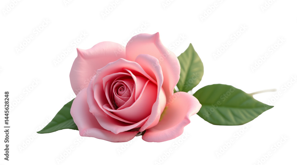 3D Illustration of a Single Delicate Pink Rose with Vibrant Green Leaves Lying on a White Background 3D Illustration of a Single Delicate Pink Rose with Vibrant Green Leaves Lying on a White Background
