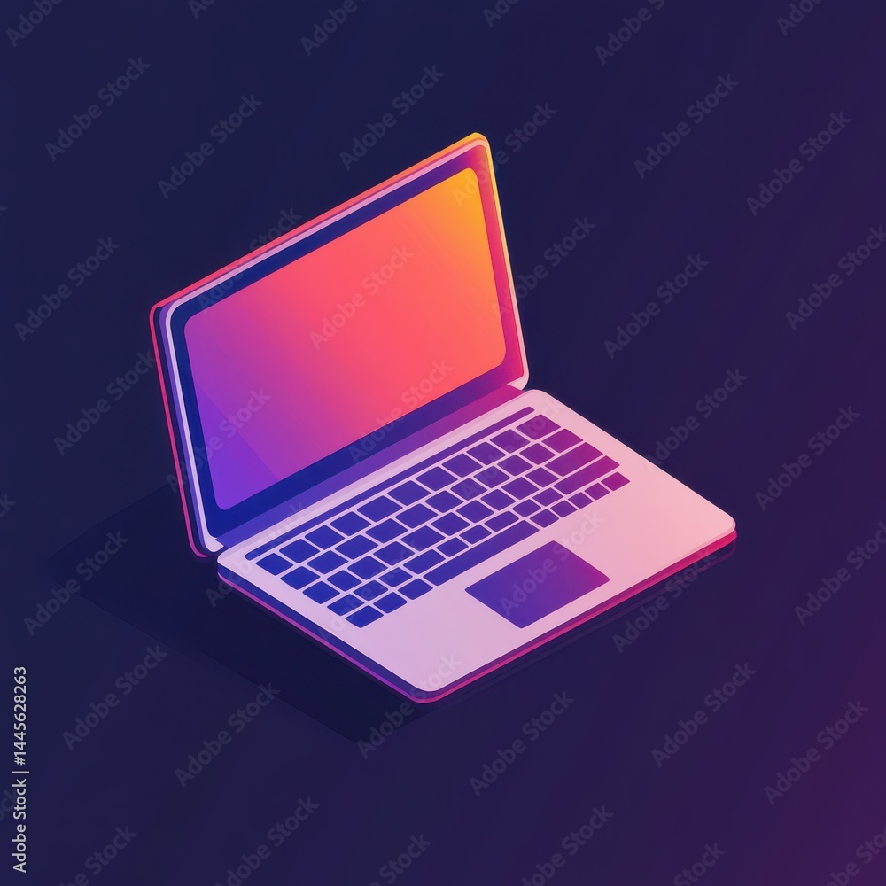 Isometric vector of a modern laptop in purple and pink shades on a dark background. Isometric vector of a modern laptop in purple and pink shades on a dark background.