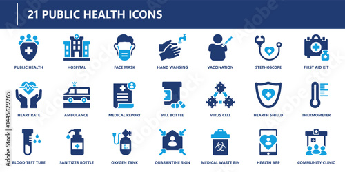 Public health icons pack in solid style including face mask, vaccination, virus cell, medical report, thermometer, quarantine sign, and health app.