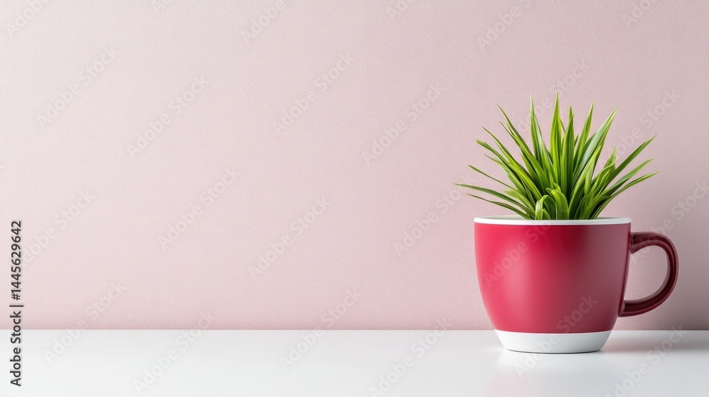 A small green plant growing in a red ceramic mug on a white surface against a soft pink background, and minimalistic and modern home decor concept. A small green plant growing in a red ceramic mug on a white surface against a soft pink background, and minimalistic and modern home decor concept.