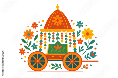A colorful decorative chariot adorned with flowers, showcasing traditional design elements. Concept Colorful Chariot, Floral Decorations, Traditional Design, Festive Aesthetics, Cultural Significance