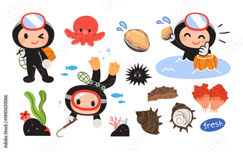 Cute Jeju Haenyeo character illustration set. Haenyeo and various seafood icons.