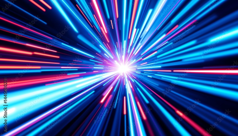 Abstract Light Speed Background with Neon Glow Streaks and Bright Center Abstract Light Speed Background with Neon Glow Streaks and Bright Center