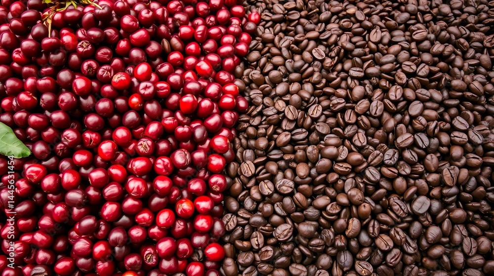 Split-View Coffee Journey: Fresh Cherries vs. Roasted Beans - Contrasting Stages of Coffee Production Split-View Coffee Journey: Fresh Cherries vs. Roasted Beans - Contrasting Stages of Coffee Production