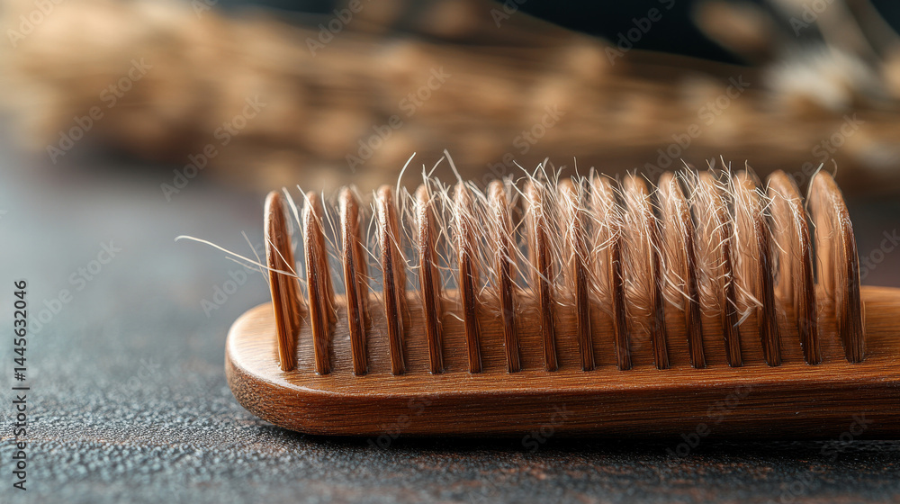 Wooden comb with strands of hair caught in the bristles, depicting hair loss Wooden comb with strands of hair caught in the bristles, depicting hair loss