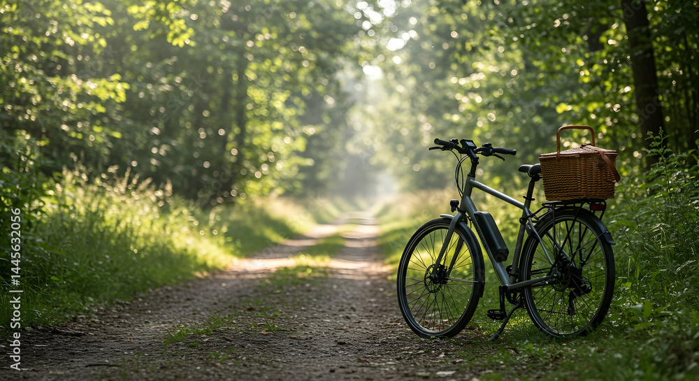 Obraz premium Electric bike adventure exploring nature trails sustainable travel green transportation eco friendly commute cycling journey