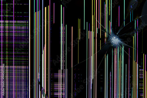 Television analog noise of the TV. Broken, shattered monitor screen. No signal and broadcasting.