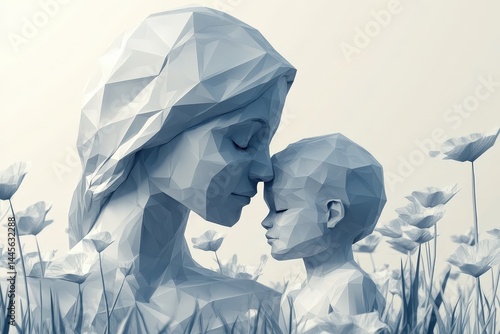 Polygonal sculpture of a mother and child in a field of flowers.