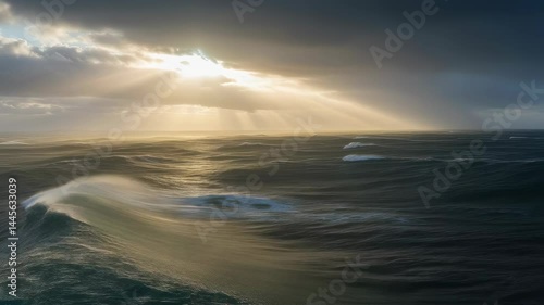 Light rays breaking through clouds over dark ocean water

