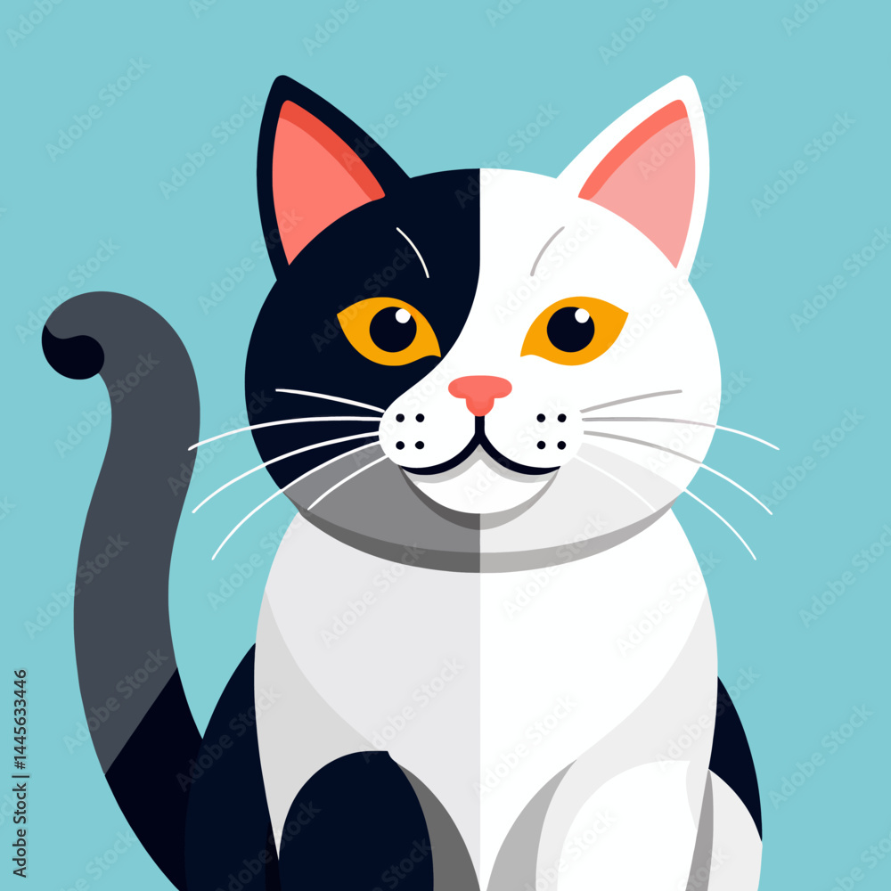 Fototapeta premium Cute_Cartoon_Black_and_White_Cat_Illustration_Adorable_Pet_Artwork_Geometric_Design_Bright_Yellow_Eyes_Playful_Kitty_Character_Against_Aqua_Background_Stylish_Animal_Graphic