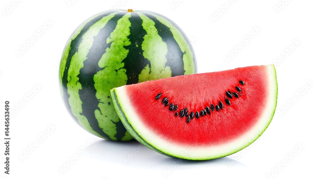 Fresh Watermelon Slice and Whole Fruit on White Background for Summer Fresh Watermelon Slice and Whole Fruit on White Background for Summer