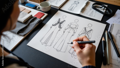 A fashion designer sketches clothing concepts on paper surrounded by fabrics, color swatches, and design tools.
