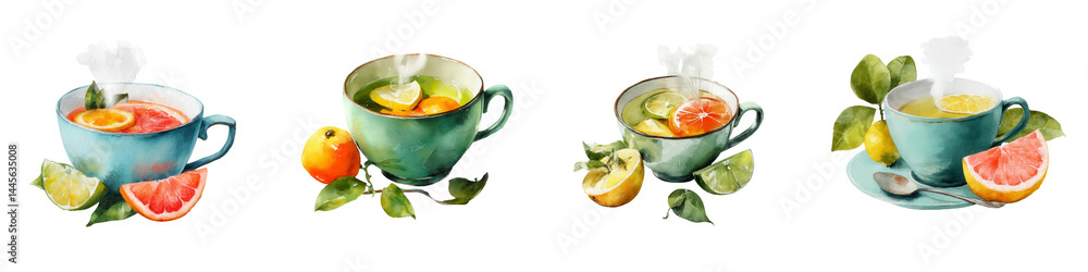 Refreshing Citrus Tea Blends in Colorful Cups with Fresh Ingredients Refreshing Citrus Tea Blends in Colorful Cups with Fresh Ingredients