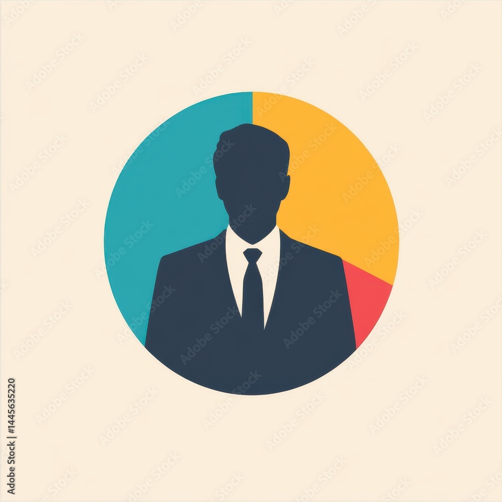 Minimal flat illustration of a businessman silhouette in a suit and tie, set in a colorful circular background. Minimal flat illustration of a businessman silhouette in a suit and tie, set in a colorful circular background.