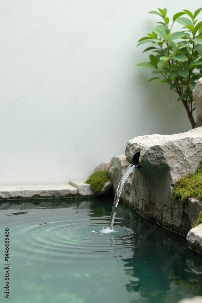 Naklejka premium Serene Water Feature Tranquil Waterfall Flowing into a Small Pond with Lush Greenery