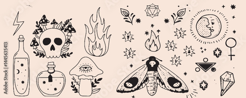 Hand-drawn vintage mystical and magic symbols illustration