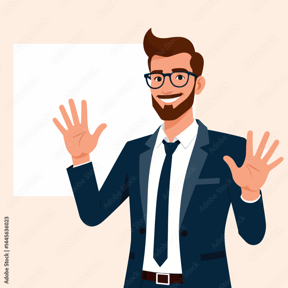 Friendly Businessman Waving_Presentation Ready_Attractive Man in Suit with Glasses_Welcome Concept_Blank White Board for Message_Business Professional_Smiling_Confident_Engaging Friendly Businessman Waving_Presentation Ready_Attractive Man in Suit with Glasses_Welcome Concept_Blank White Board for Message_Business Professional_Smiling_Confident_Engaging