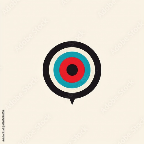 Minimal illustration of a circular target marker in blue, red, and black with a pointer on a beige background.