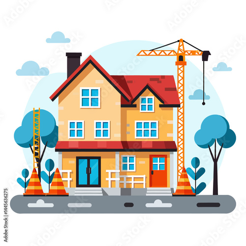 Home Construction Vector Illustration_Building a House with Crane_Real Estate Development_New Home Construction Concept_Residential Building Project Artwork