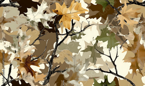 A vector camouflage pattern with an oak tree theme, featuring leaves and branches in earthy tones against a background of brown foliage for hunting or outdoor activities