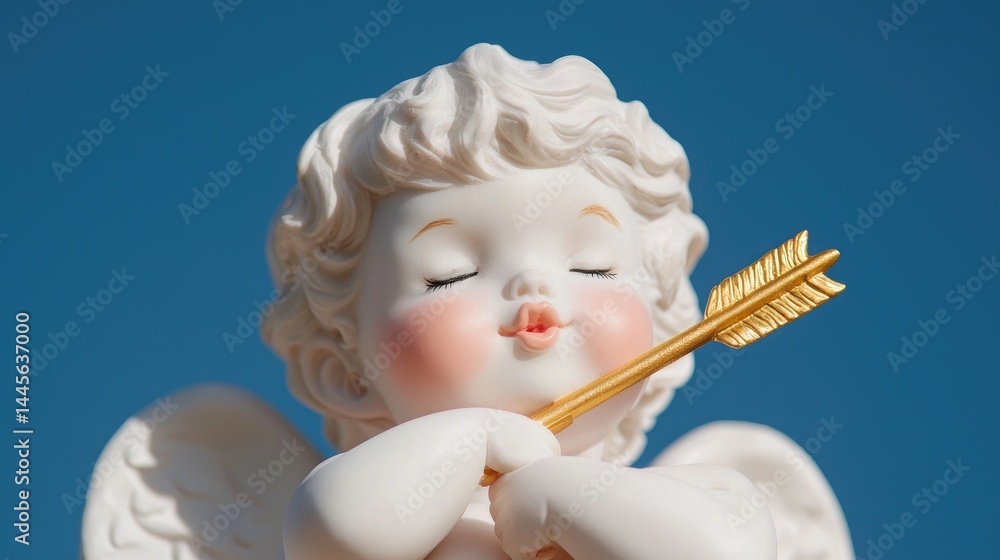 Fototapeta premium A white porcelain cupid figurine with rosy cheeks holds a golden arrow against a clear blue sky.