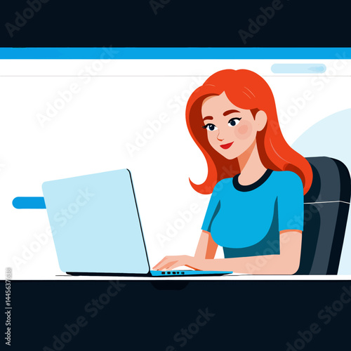 Redhead Woman Working on Laptop_Illustration of a Female Professional_Remote Work and Online Business_Home Office Setup_Modern and Minimalist Design