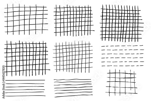 Grid square hand drawn textured lines, notebook grid and striped pattern. Set Doodle geometric net, chalk or crayon stroke.
