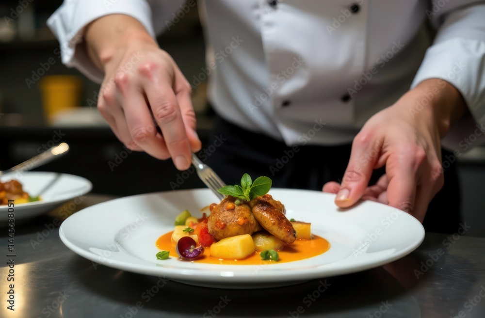 chef plating gourmet dish with colorful vegetables and sauces in professional kitchen. fine dining presentation. culinary art, restaurant industry, food photography. chef plating gourmet dish with colorful vegetables and sauces in professional kitchen. fine dining presentation. culinary art, restaurant industry, food photography.