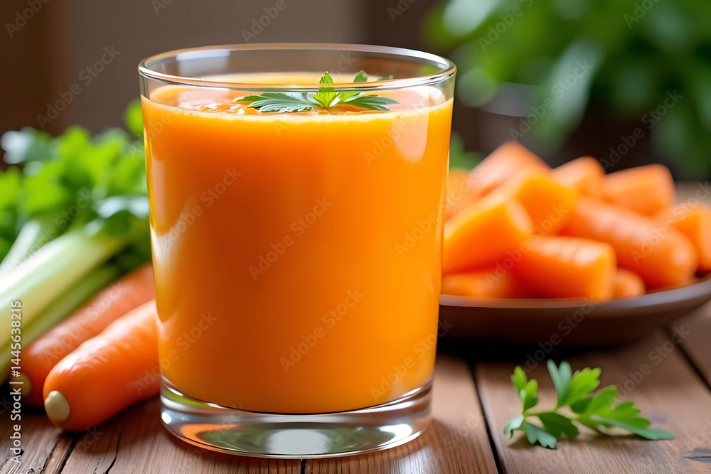 Potrait of fresh carrot juice with carrot pieces and parsley garnish, glass of carrot juice, carrot juice and carrots on wooden table, healthy drink, drink photography Potrait of fresh carrot juice with carrot pieces and parsley garnish, glass of carrot juice, carrot juice and carrots on wooden table, healthy drink, drink photography