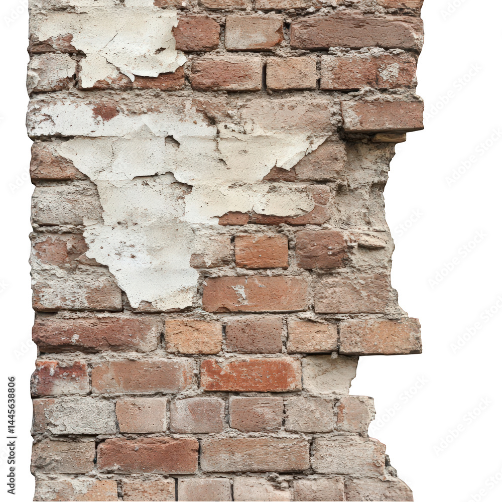 Textured wall with exposed bricks, showing signs of age and weathering against a white background. Textured wall with exposed bricks, showing signs of age and weathering against a white background.