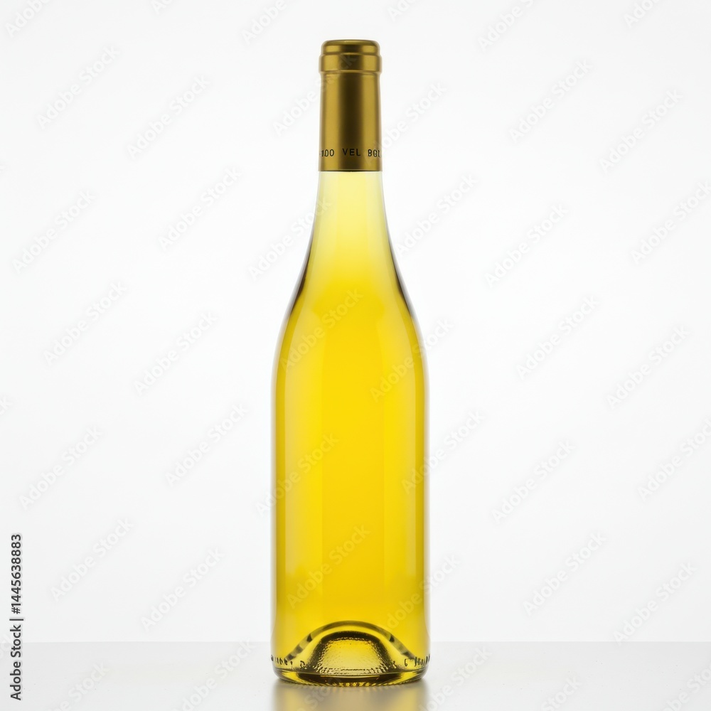 Isolated full bottle of white wine with gold cap standing upright on a white surface and background Isolated full bottle of white wine with gold cap standing upright on a white surface and background