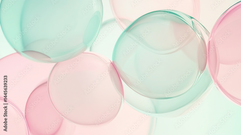 Obraz premium A geometric abstract composition featuring overlapping transparent shapes in soft pastel pink and mint green tones with soft shadows and a clean, modern aesthetic.
