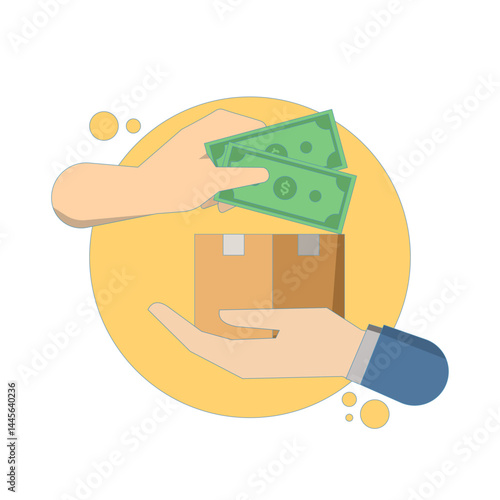 Cash on Delivery Concept. Human hand holding money and paying parcel box. Cash on delivery service. How people send parcel and pay for delivery in cash. Flat Design Vector Illustration.
