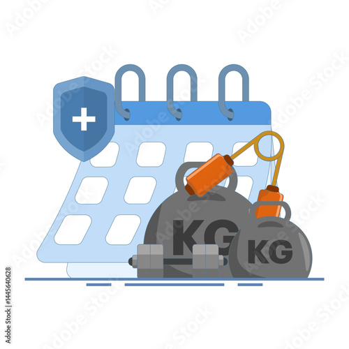 fitness schedule concept, barbell lifting and calendar. consistent for workout and weight lifting. gym agenda. consistency and lifestyle. flat style design illustration elements.