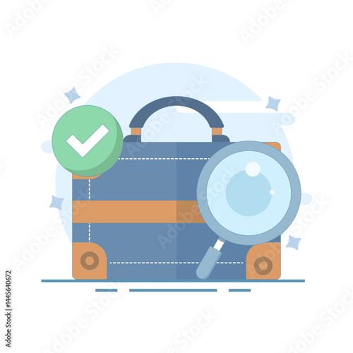 job search concept, job vacancy information. recruitment and hiring. looking for job info. briefcase with magnifying glass and check mark. Flat style design concept on background.