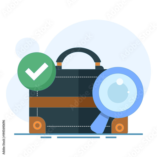 job search concept, job vacancy information. recruitment and hiring. looking for job info. briefcase with magnifying glass and check mark. Flat style design concept on background.
