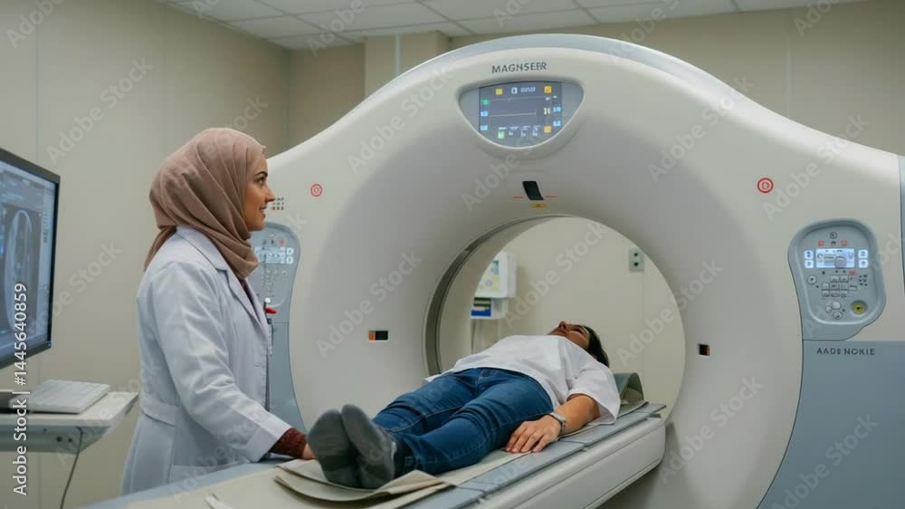 Medical professional assisting patient during CT scan in a modern imaging room with equipment Medical professional assisting patient during CT scan in a modern imaging room with equipment