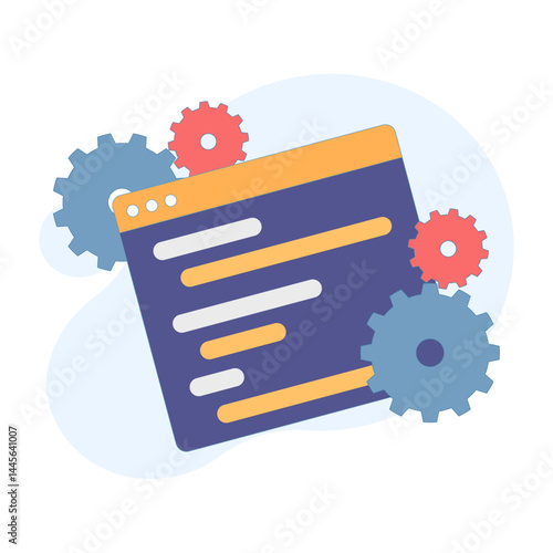 developer and programmer concept. programming software or application window with gears. creating program scripts, compiling programs. flat style design illustration on background.